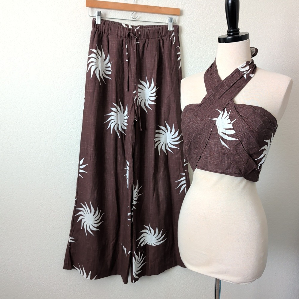 Lost In Lunar Brown Sunburst Linen Halter Top & Wide Leg Pants Set Small Beach